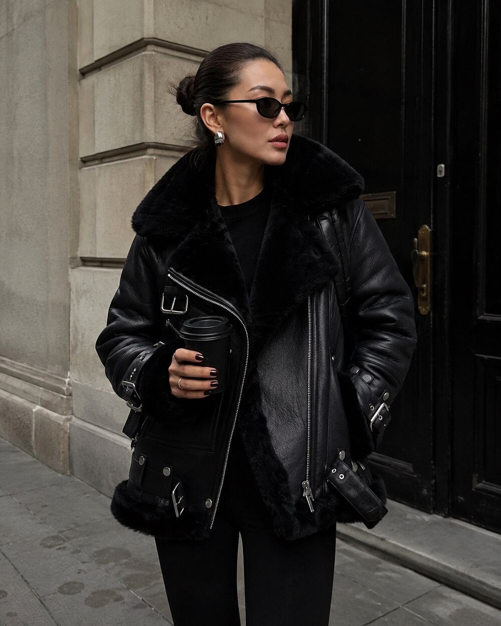 The Arrivals Moya Shearling Leather Moto Jacket Black Medium Oversized